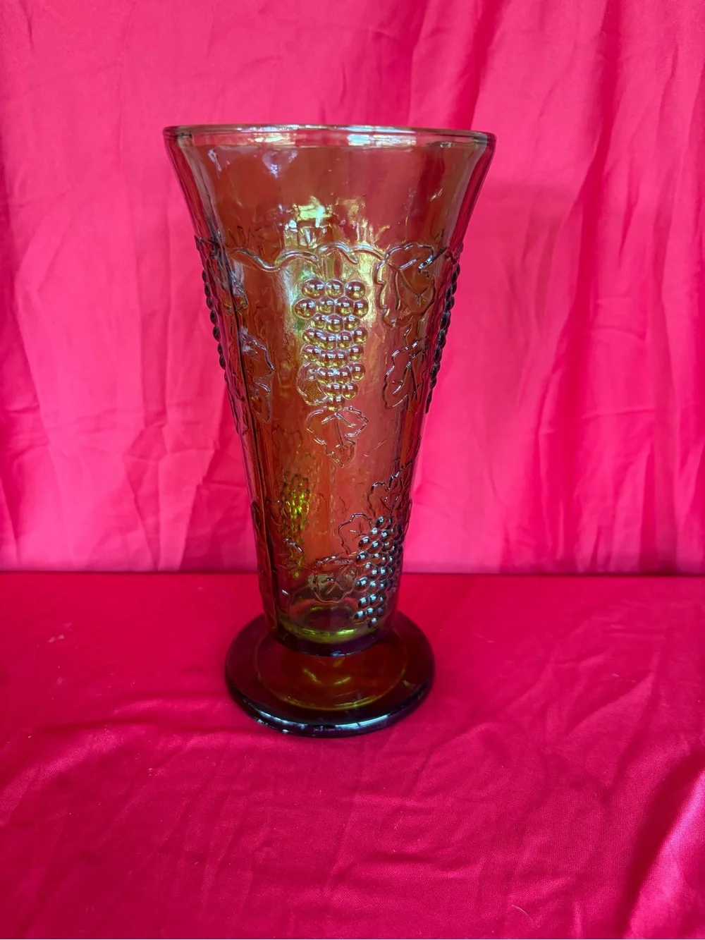 Green Indian Glass Pedestal Vase with Grape Motif